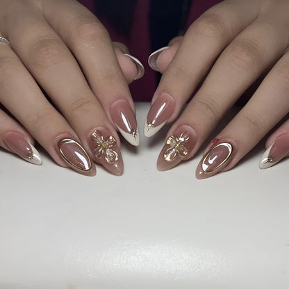 French Tip Press on Nails Medium Almond Fake Nails Brown Fall Nails Press Ons Brown Flower False Nails with Gold Rhinestones Design Glossy Glue on Nail Acrylic Stick on Nail for Women Set 24Pcs