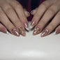 French Tip Press on Nails Medium Almond Fake Nails Brown Fall Nails Press Ons Brown Flower False Nails with Gold Rhinestones Design Glossy Glue on Nail Acrylic Stick on Nail for Women Set 24Pcs