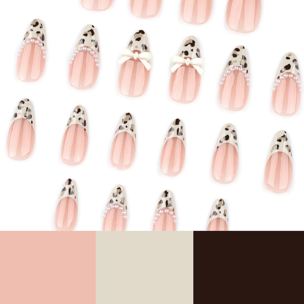 Medium Press On Nails Almond Fake Nails French Tip Nails Press Ons With Leopard Print Designs 3D Bow False Nails Artificial Acrylic Glue On Nail Glossy Stick On Nail For Women Girls