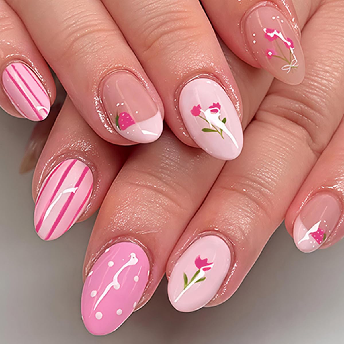 Medium Almond Press On Nails - Polka Dot & Cherry