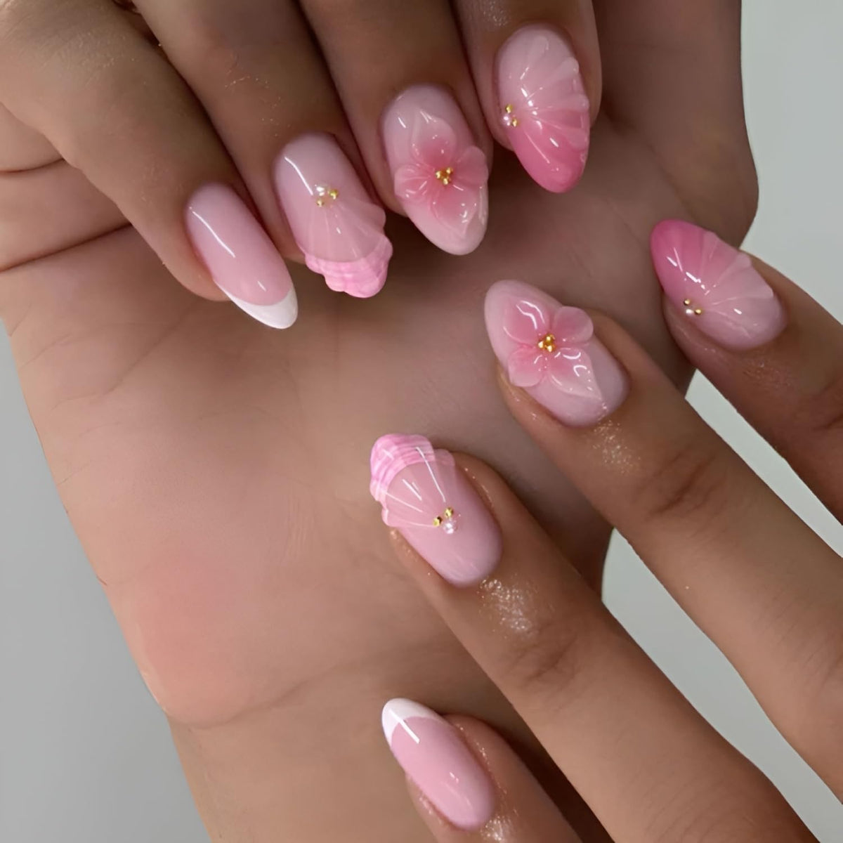 French Tip Press on Nails Medium Almond Fake Nails Brown Fall Nails Press Ons Brown Flower False Nails with Gold Rhinestones Design Glossy Glue on Nail Acrylic Stick on Nail for Women Set 24Pcs