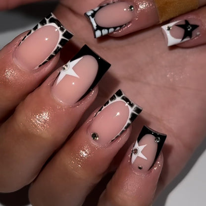Long Square Press on Nails - Leopard Print French Tip Fake Nails Press ons with 3D Gold Pearl and Red Flower Designs, Glossy Reusable Autumn Winter Stick on False Nails for Women 24PCS