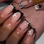Long Square Press on Nails - Leopard Print French Tip Fake Nails Press ons with 3D Gold Pearl and Red Flower Designs, Glossy Reusable Autumn Winter Stick on False Nails for Women 24PCS