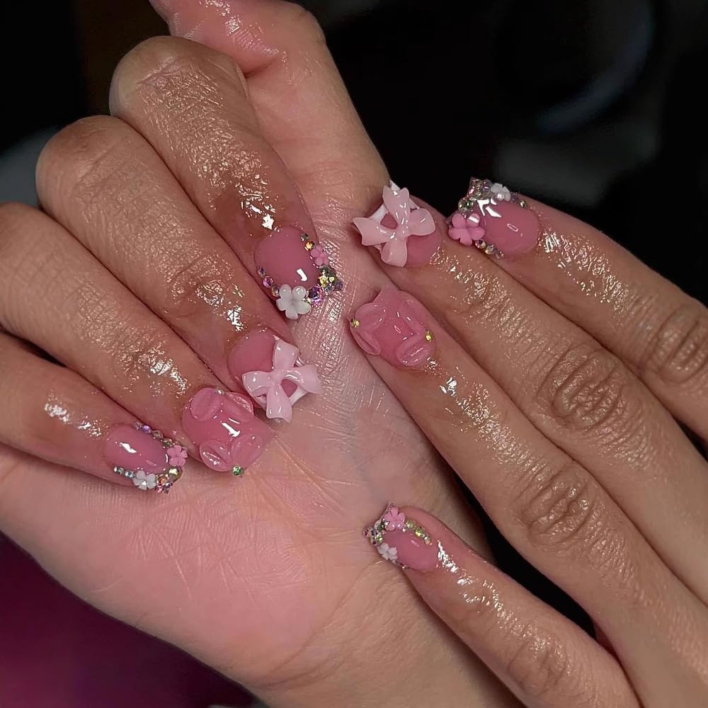 24Pcs Square Press on Nails Medium Length Fake Nails with Rhinestone Designs Bow Pink French Tip False Nails Cute Full Cover Reusable Stick on Nails for Women Girls Manicure Kit