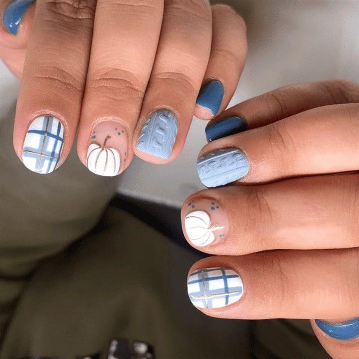 French Tip Press on Nails Short Almond Nude Fake Nails Press on with Polka Dot Design Stripe False Nails Glossy Full Cover Summer Nails for Women 24Pcs