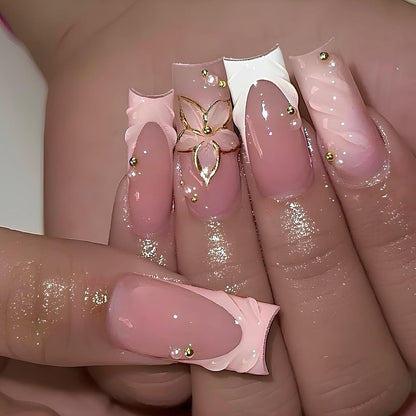 Long Square Press on Nails - Leopard Print French Tip Fake Nails Press ons with 3D Gold Pearl and Red Flower Designs, Glossy Reusable Autumn Winter Stick on False Nails for Women 24PCS