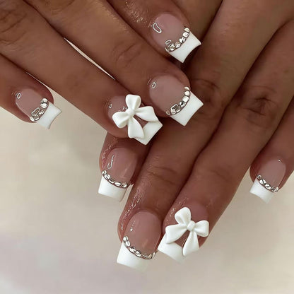 24Pcs Square Press on Nails Medium Length Fake Nails with Rhinestone Designs Bow Pink French Tip False Nails Cute Full Cover Reusable Stick on Nails for Women Girls Manicure Kit