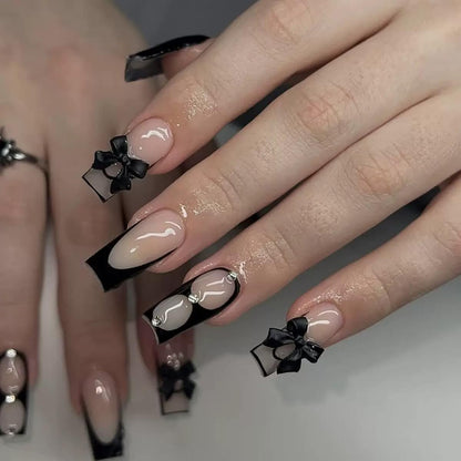 CTTHNBD Press on Nails Square, Medium, Black French Tip Fake Nails