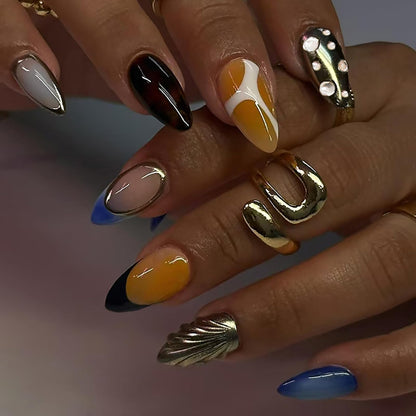 24Pcs Medium Almond Press on Nails French Tip Fake Nails with Brown Leopard Gold Line Design Glossy Reusable False Nail Artificial Acrylic Nails Press ons Holiday Stick on Nails for Women DIY Manicure