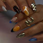 24Pcs Medium Almond Press on Nails French Tip Fake Nails with Brown Leopard Gold Line Design Glossy Reusable False Nail Artificial Acrylic Nails Press ons Holiday Stick on Nails for Women DIY Manicure