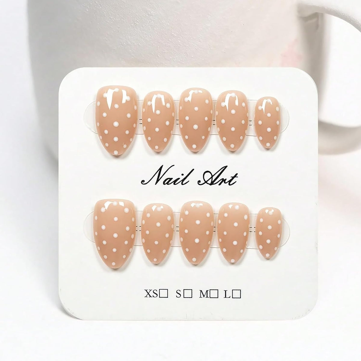Handmade Press on Nails Short Almond Nude Polka Dot Glossy Reusable Fake Nails, Minimalist Beige Acrylic Press on Nails with White Dot Design for Women Girls 10 PCS(M)