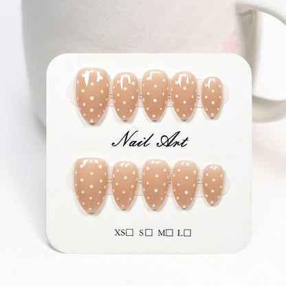 Handmade Press on Nails Short Almond Nude Polka Dot Glossy Reusable Fake Nails, Minimalist Beige Acrylic Press on Nails with White Dot Design for Women Girls 10 PCS(M)
