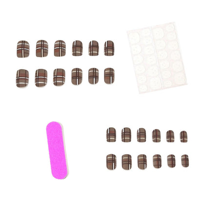 24Pcs Fall Press on Nails Short Square Fake Nails with Plaid Design Matte Khaki Artificial Nails Reusable Acrylic Nail Full Cover for Women and Girls Nail Decorations