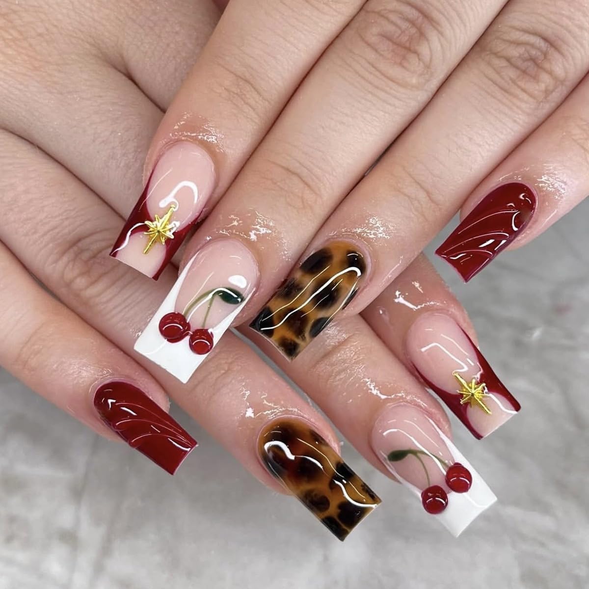 Long Square Press on Nails - Leopard Print French Tip Fake Nails Press ons with 3D Gold Pearl and Red Flower Designs, Glossy Reusable Autumn Winter Stick on False Nails for Women 24PCS