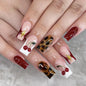 Long Square Press on Nails - Leopard Print French Tip Fake Nails Press ons with 3D Gold Pearl and Red Flower Designs, Glossy Reusable Autumn Winter Stick on False Nails for Women 24PCS