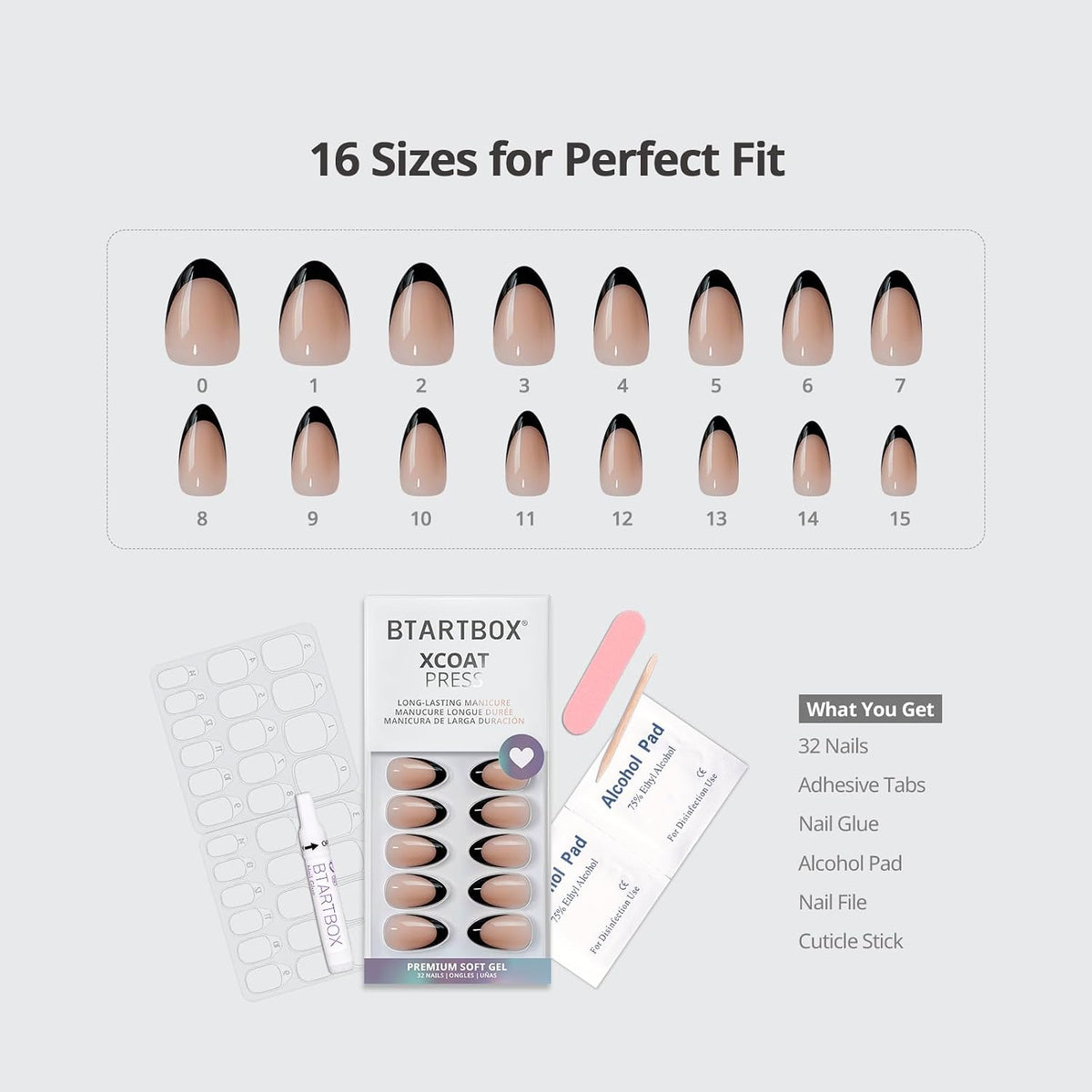 BTArtbox Halloween Press On Nails, French Tip Almond Nails, 32 Pcs Full Kit