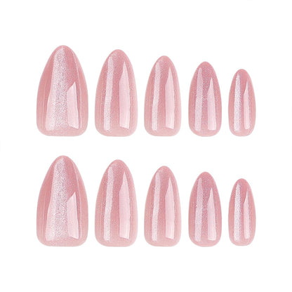 24Pcs Nail Press ons, Medium Press On Nails Almond Nude Pink Fake Nails with Cat's Eye Glossy High-end Design, Acrylic Artificial False Stick On Nails for Women Girls