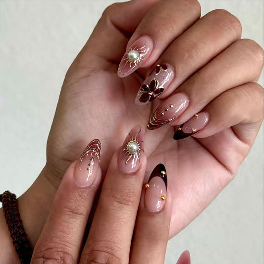 Press On Nails Brown French 3D Flower Length Medium Almond, Gold Line Big Pearl French Floral Design Stick On Fake Nails, Reusable Thick Acrylic False Nail for Wome Gift Kit 15Size - 30Pcs