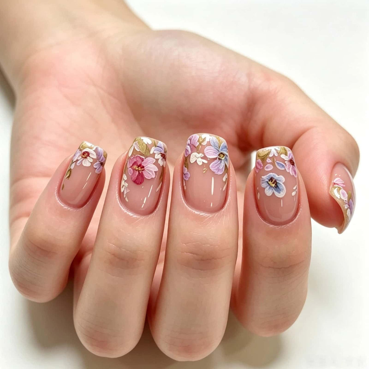 24PCS French Tip Press On Nails, Glossy Nude Square, Silver Edge