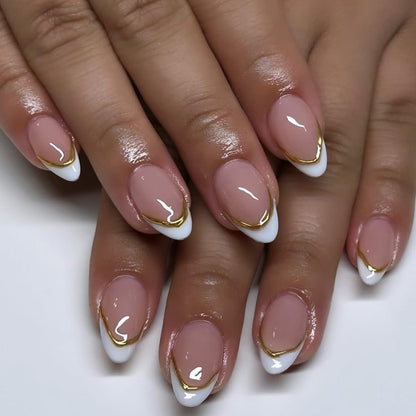 Fall Short Press On Nails Almond, Nude Fake Nails accented with golden glitter and Graceful White Floral Petal Design, Glossy Gel Finish Acrylic Nails, Natural Reusable Glue On Nails for Women