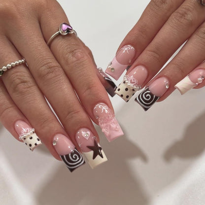 Long Square Press on Nails - Leopard Print French Tip Fake Nails Press ons with 3D Gold Pearl and Red Flower Designs, Glossy Reusable Autumn Winter Stick on False Nails for Women 24PCS
