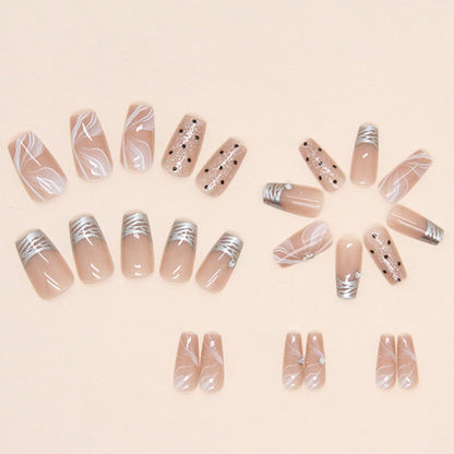 Hkanlre Silver Press on Nails Medium Fake Nails Tips Full Cover French False Square Dot Nails for Women and Girls 24PCS