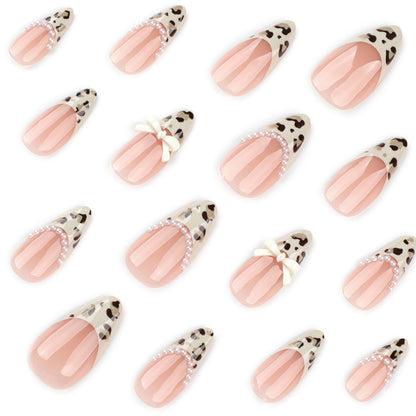 Medium Press On Nails Almond Fake Nails French Tip Nails Press Ons With Leopard Print Designs 3D Bow False Nails Artificial Acrylic Glue On Nail Glossy Stick On Nail For Women Girls