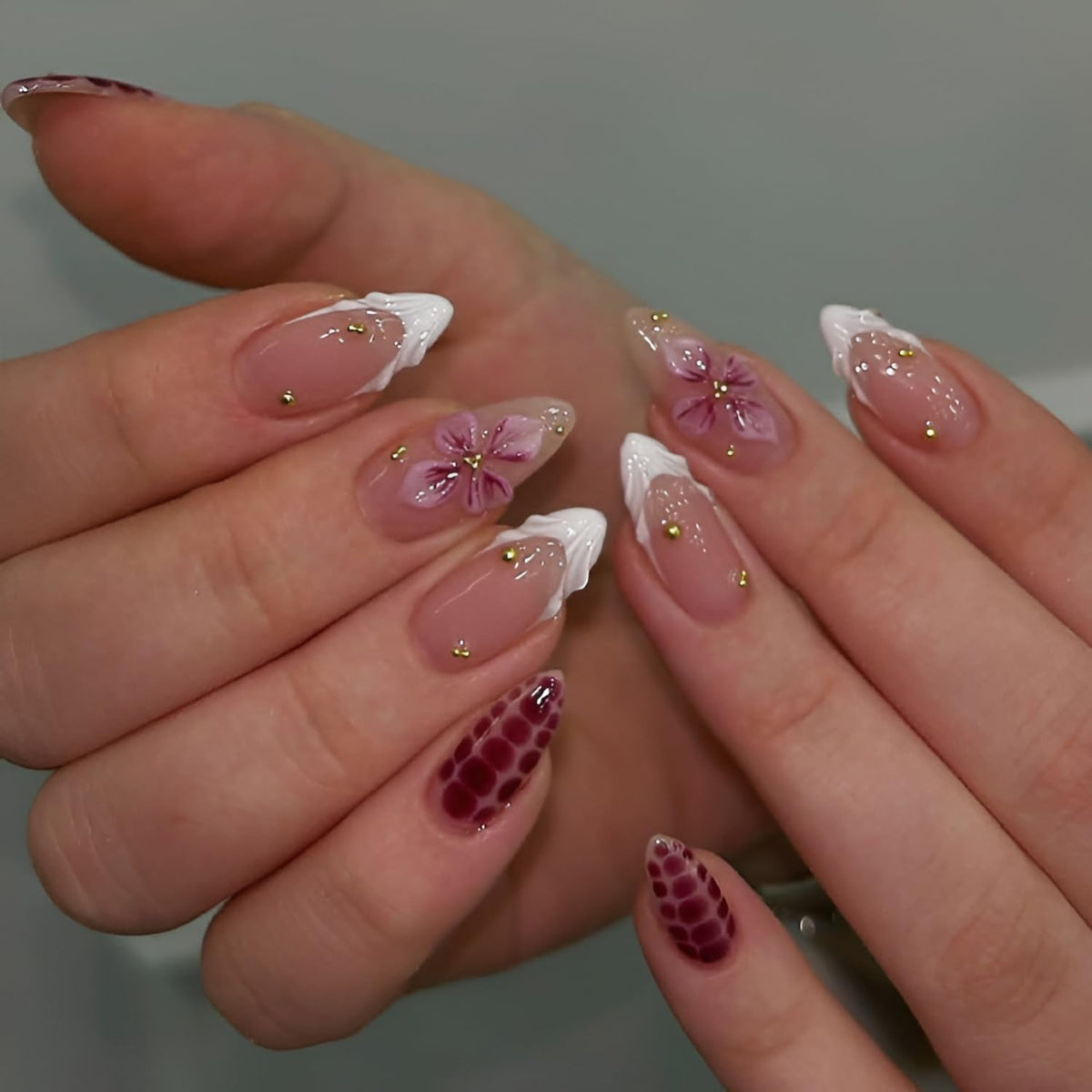 French Tip Press on Nails Medium Almond Fake Nails Brown Fall Nails Press Ons Brown Flower False Nails with Gold Rhinestones Design Glossy Glue on Nail Acrylic Stick on Nail for Women Set 24Pcs