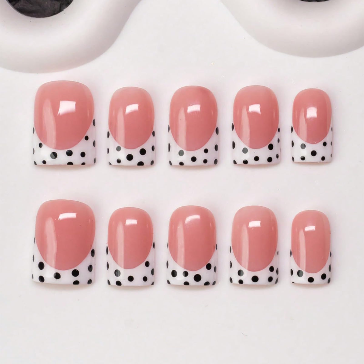Handmade Press on Nails Short Almond Nude Polka Dot Glossy Reusable Fake Nails, Minimalist Beige Acrylic Press on Nails with White Dot Design for Women Girls 10 PCS(M)