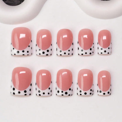 Handmade Press on Nails Short Almond Nude Polka Dot Glossy Reusable Fake Nails, Minimalist Beige Acrylic Press on Nails with White Dot Design for Women Girls 10 PCS(M)