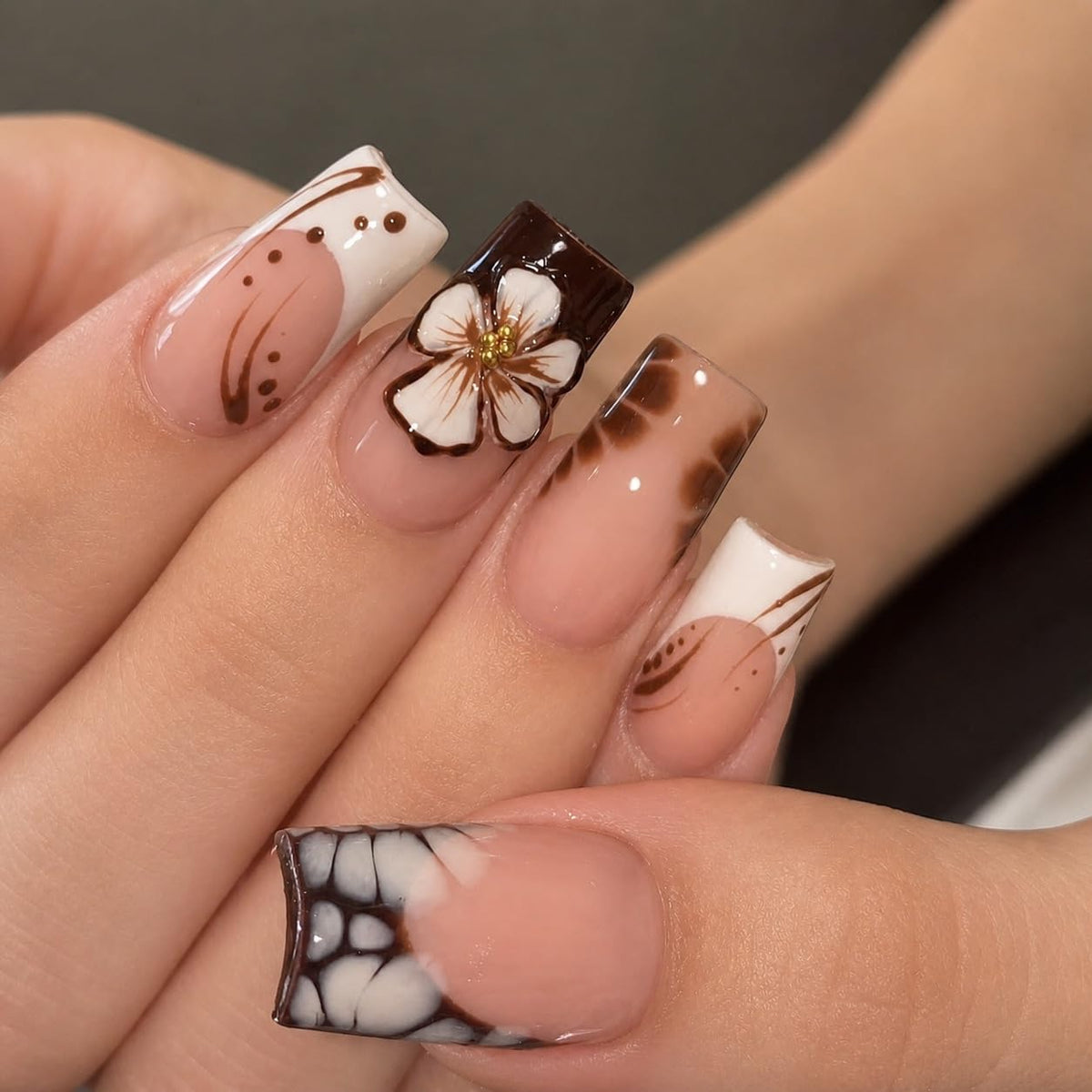 Long Square Press on Nails - Leopard Print French Tip Fake Nails Press ons with 3D Gold Pearl and Red Flower Designs, Glossy Reusable Autumn Winter Stick on False Nails for Women 24PCS