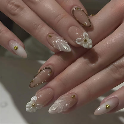 French Tip Press on Nails Medium Almond Fake Nails Brown Fall Nails Press Ons Brown Flower False Nails with Gold Rhinestones Design Glossy Glue on Nail Acrylic Stick on Nail for Women Set 24Pcs