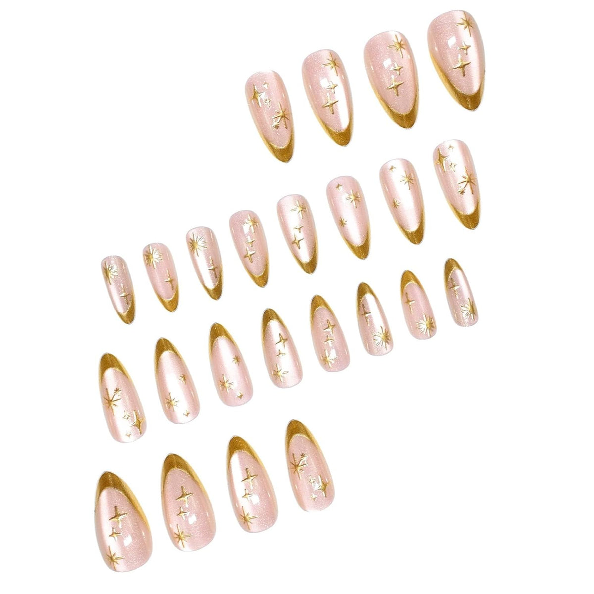 French Tip Press on Nails Almond Medium Fake Nails with Cat Eye Stars Designs Nails Press ons Gold Nude Glue on Nails Natural Artificial Nails Cute Stick on Nails for Women 24Pcs