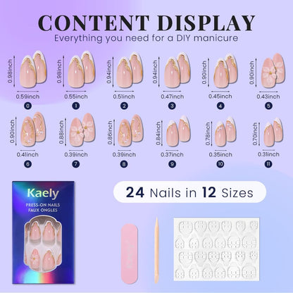White French Tips Press on Nails, Irregular Gold 3D Lines with Flower & Pearl Design, Reusable Salon Quality Acrylic False Nails for Women, Glue On Nails with Adhesive Tabs for Daily Wear