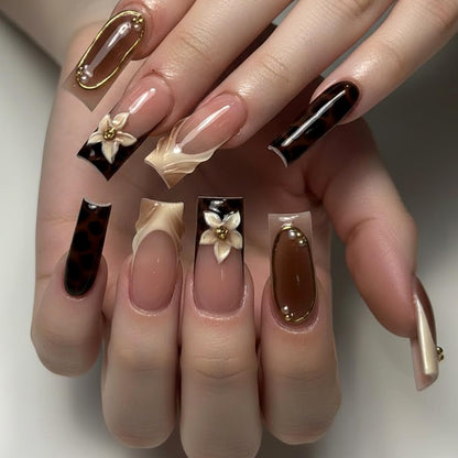 Press on Nails French Tip Fake Nails with Leopard Print 3D Flower Designs Gold Bead Star Medium Square Full Cover Stick on False Nail for Women 24 Pcs