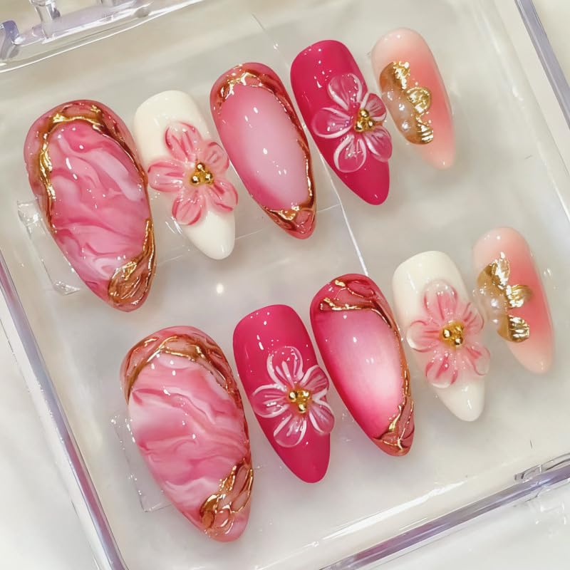 30Pcs Pink Flower Press on Nails Medium Almond Fake Nails Peach Blossom with 3D Rhinestones Pearl Gold Glitter Design Artificial Cute Cat Nails Stick on Nails Spring False Nails for Women Acrylic Nail