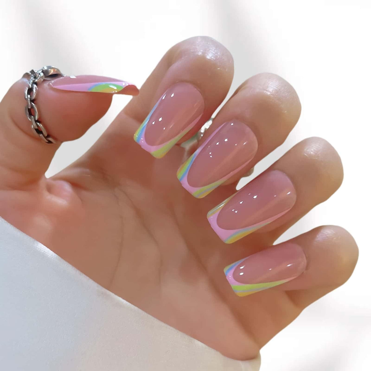 24PCS French Tip Press On Nails, Glossy Nude Square, Silver Edge