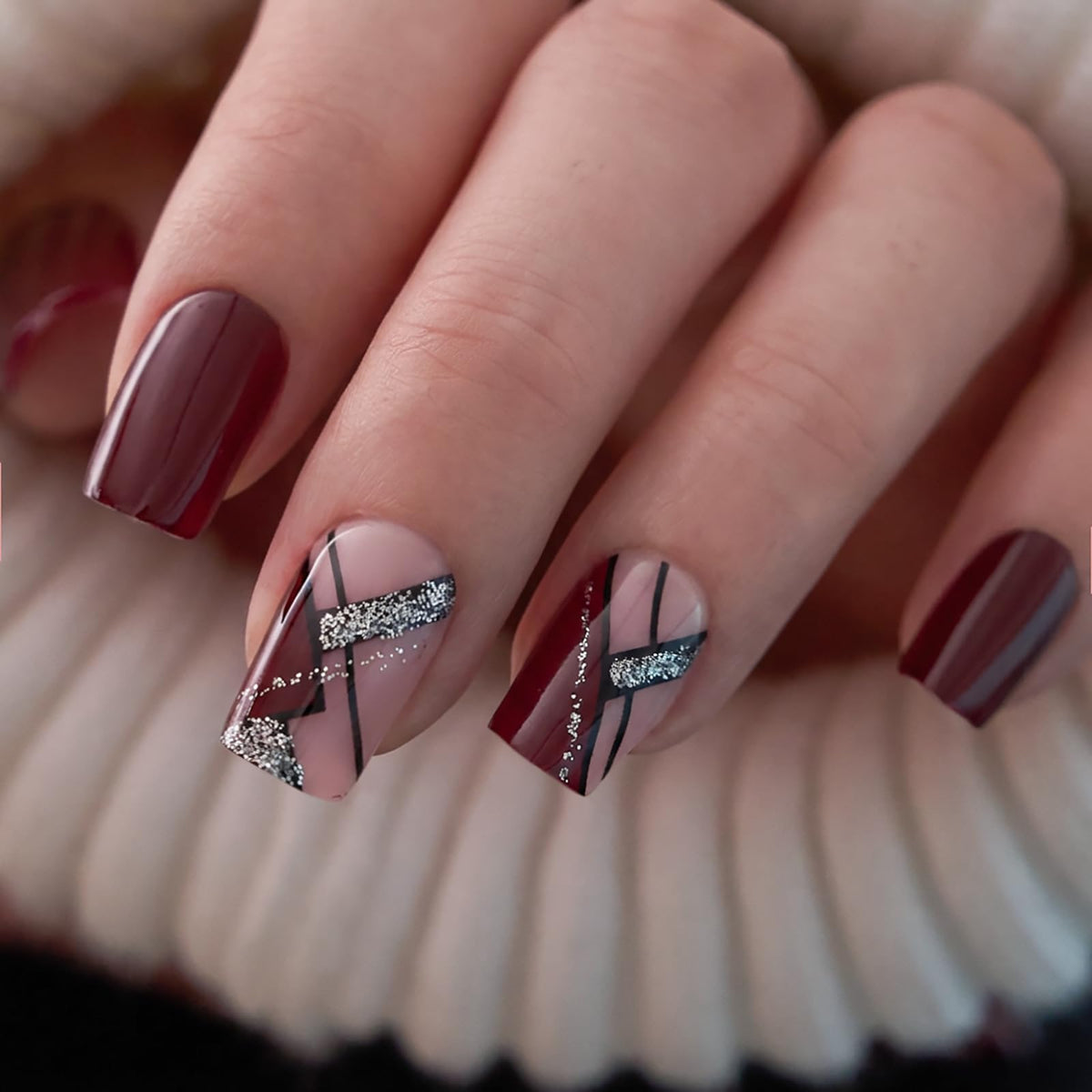 CurvLife Short Square Burgundy Press On Nails, Fall Dark red