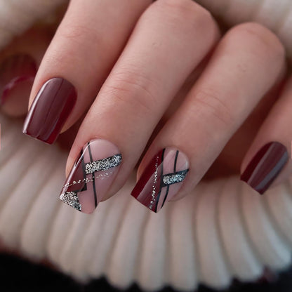 CurvLife Short Square Burgundy Press On Nails, Fall Dark red