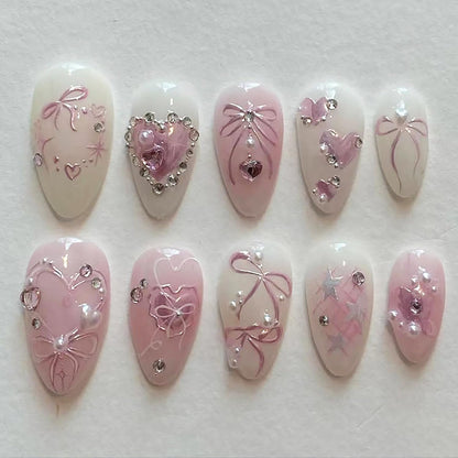 30Pcs Pink Flower Press on Nails Medium Almond Fake Nails Peach Blossom with 3D Rhinestones Pearl Gold Glitter Design Artificial Cute Cat Nails Stick on Nails Spring False Nails for Women Acrylic Nail