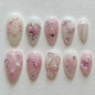 30Pcs Pink Flower Press on Nails Medium Almond Fake Nails Peach Blossom with 3D Rhinestones Pearl Gold Glitter Design Artificial Cute Cat Nails Stick on Nails Spring False Nails for Women Acrylic Nail