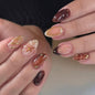 Fall Press on Nails Medium Almond French Tip, 30 Pcs Handmade 3D Flowers Gold Lines Embossed Designs, Glossy Nude Fake Nails, Reusable Glue On Nails, Full Cover Acrylic Nails for Women Brown