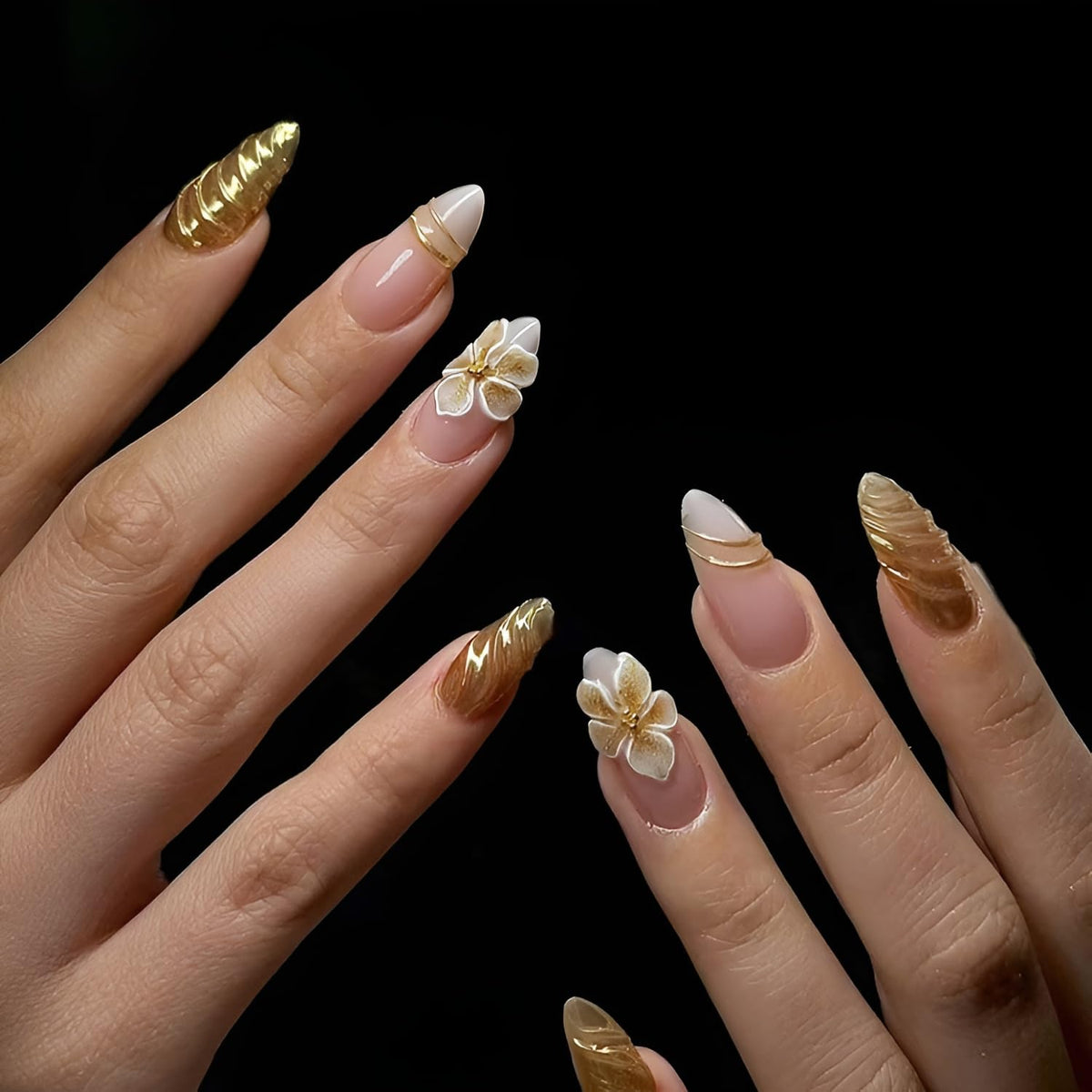 French Tip Press on Nails Medium Almond Fake Nails Brown Fall Nails Press Ons Brown Flower False Nails with Gold Rhinestones Design Glossy Glue on Nail Acrylic Stick on Nail for Women Set 24Pcs