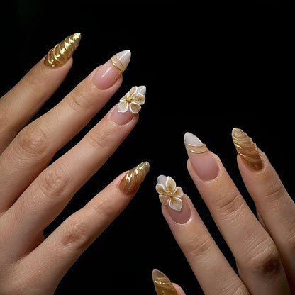 French Tip Press on Nails Medium Almond Fake Nails Brown Fall Nails Press Ons Brown Flower False Nails with Gold Rhinestones Design Glossy Glue on Nail Acrylic Stick on Nail for Women Set 24Pcs