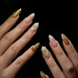 French Tip Press on Nails Medium Almond Fake Nails Brown Fall Nails Press Ons Brown Flower False Nails with Gold Rhinestones Design Glossy Glue on Nail Acrylic Stick on Nail for Women Set 24Pcs