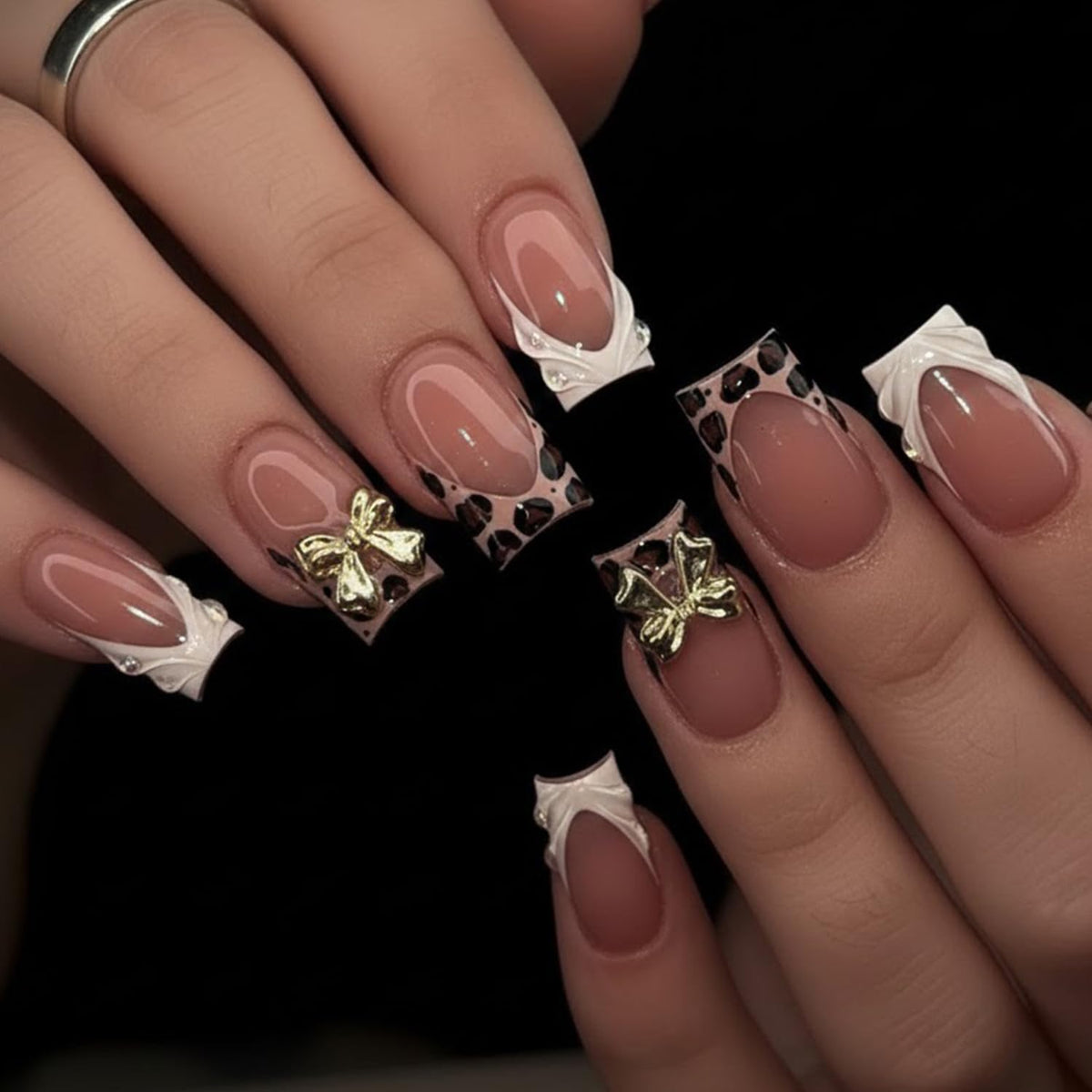 Press on Nails French Tip Fake Nails with Leopard Print 3D Flower Designs Gold Bead Star Medium Square Full Cover Stick on False Nail for Women 24 Pcs