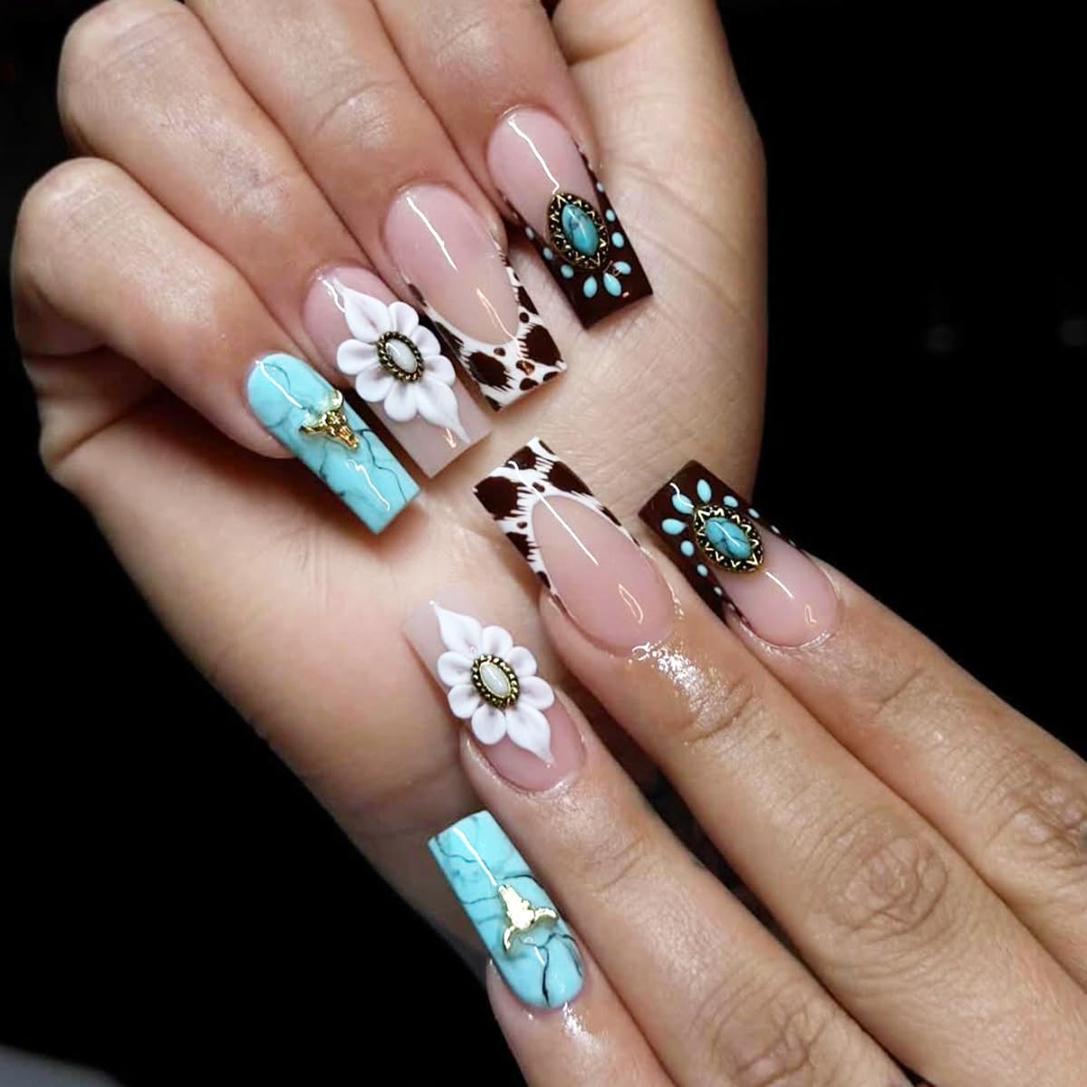 Long Square Press on Nails - Leopard Print French Tip Fake Nails Press ons with 3D Gold Pearl and Red Flower Designs, Glossy Reusable Autumn Winter Stick on False Nails for Women 24PCS