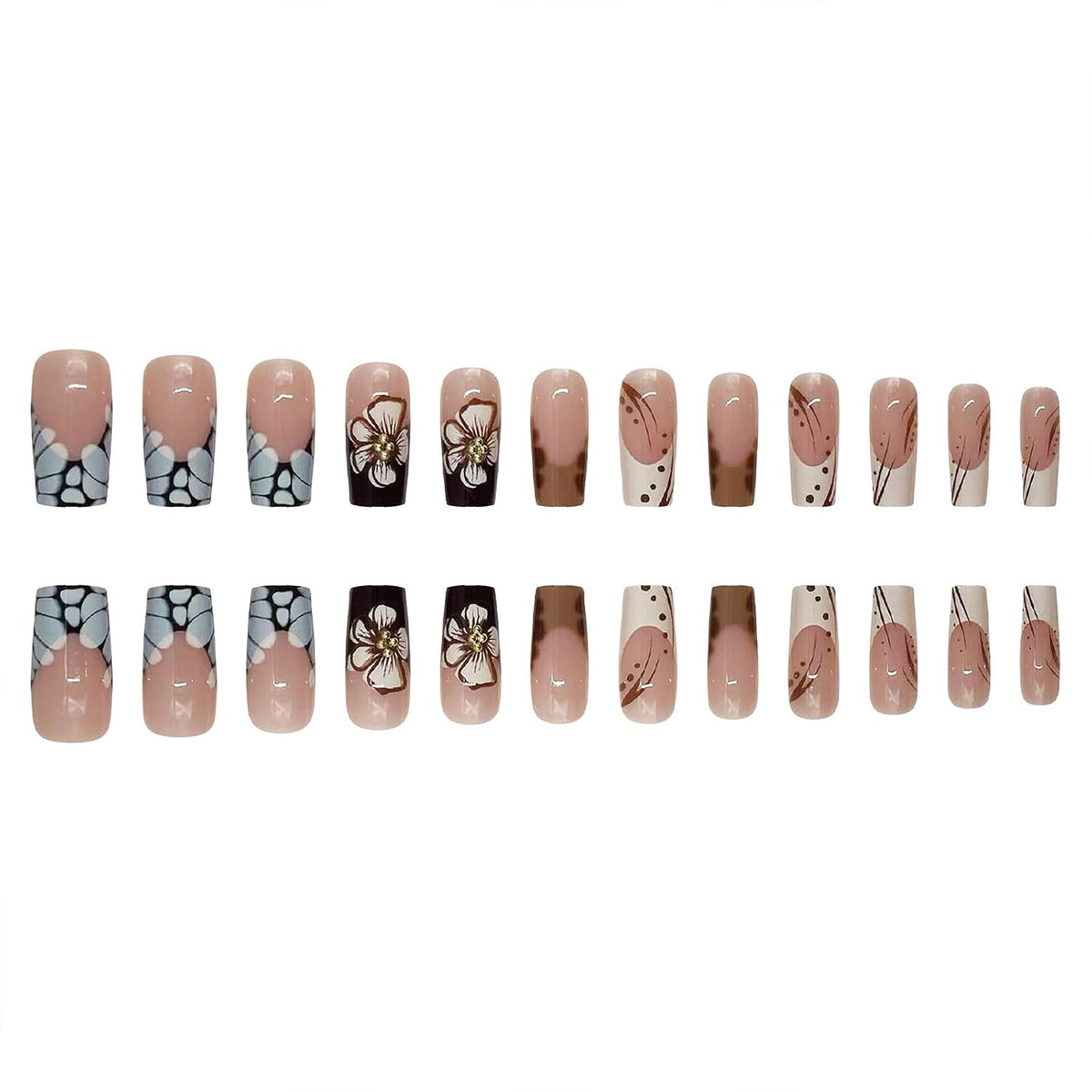 French Tip Press on Nails Medium Square Fake Nails Glossy Autumn Brown Leopard Print Coffin False Nails Cute White Flowers with Gold Bead Designs Reusable Floral Glue on Nails for Women 24Pcs