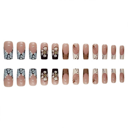 French Tip Press on Nails Medium Square Fake Nails Glossy Autumn Brown Leopard Print Coffin False Nails Cute White Flowers with Gold Bead Designs Reusable Floral Glue on Nails for Women 24Pcs