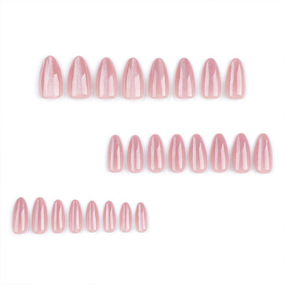 24Pcs Nail Press ons, Medium Press On Nails Almond Nude Pink Fake Nails with Cat's Eye Glossy High-end Design, Acrylic Artificial False Stick On Nails for Women Girls